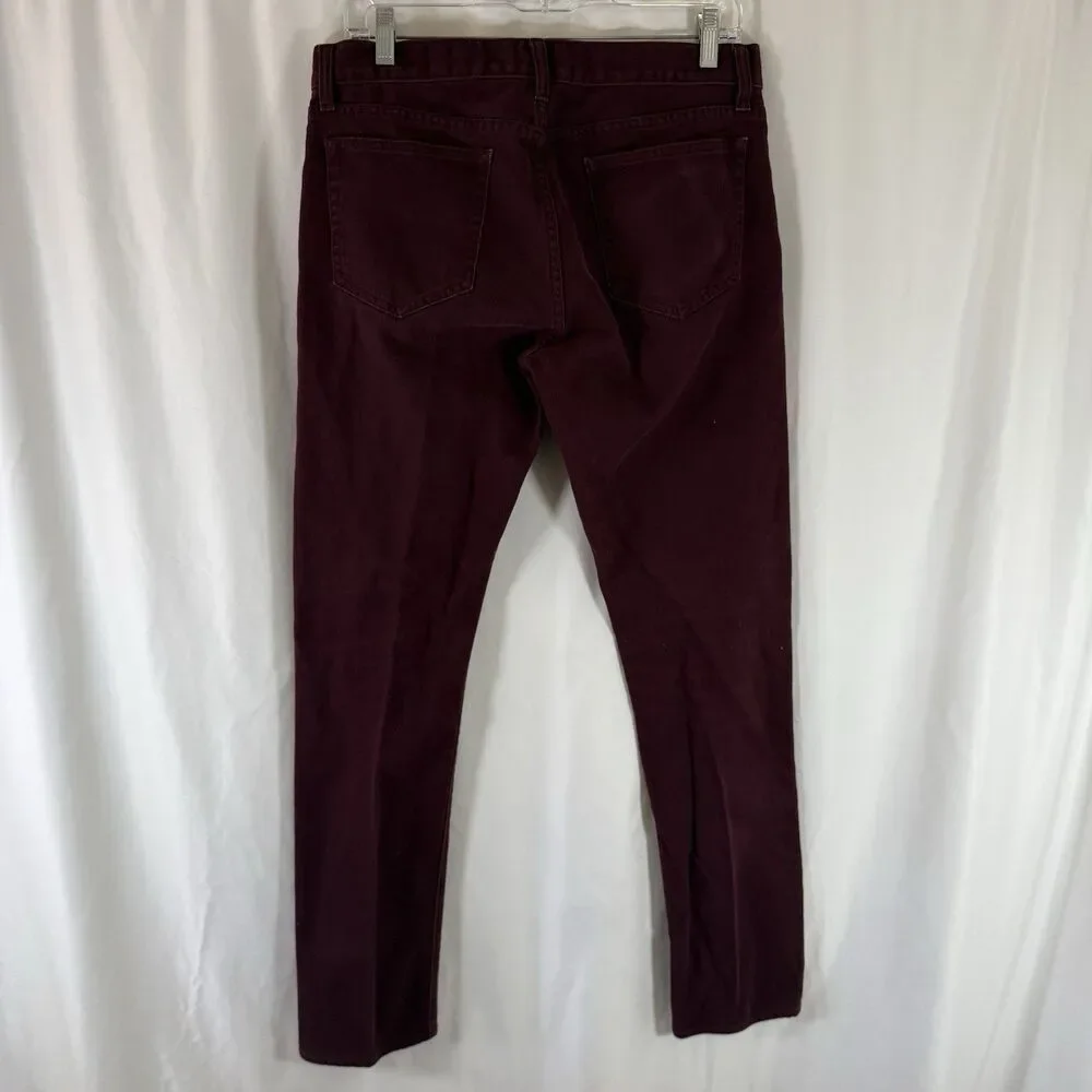 J. Crew the Driggs Jeans Men's 31x32 Burgundy Red Button Zip 100% Cotton